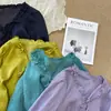 Camisa de Encaje Tencel Ramio Estilo Retro Francés con Volantes Cuello en V Camisa de Corbata para Mujer Versátil Color Sólido Cardigan Protector Solar