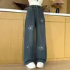 Calças Jeans Femininas Primavera e Outono Largas de Barra Reta Crianças Maiores Calças de Perna Larga Outono Estilo Coreano Fashionáveis Estilosas Estilo de Outono Calças Infantis