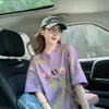 Camiseta de Algodón Puro Estilo Japonés Dibujos Animados Graffiti de Longitud Media para Mujer Personalidad Color Dopamina Pintura Holgada Moda Versátil Top Tendencia