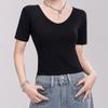 Camiseta Feminina Lisa de Manga Curta com Decote Baixo, Top de Verão com Decote em V e Ombro Normal, Camisa Básica Preta Sexy de Caimento Justo de Alta Qualidade
