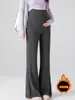 Calça Microflare de Maternidade com Forro de Fleece Outono/Inverno Nova Suporte de Barriga Alta Elástico Emagrecimento Quente e Confortável Caimento Elástico Cobertura de Barriga Roupa Externa Calça Casual