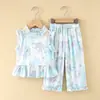 Conjunto de Roupa de Dormir Feminina de Algodão e Seda com Estampa de Desenho Animado, Solto e Respirável, Fofo, de Verão, Fino, com Renda
