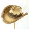 Sombrero de Paja Transpirable de Verano Hueco Protección Solar Sombrero de Vaquero Pluma Rafia Borde Crudo Sombrero de Paja Temperamento Estilo Británico Sombrero de Copa