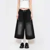Jeans Feminino Cropped de Perna Larga, Novo Estilo de Verão, Shorts Reto Solto Vintage Lavado Retro Americano Unissex, Tendência