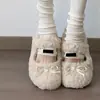 Muy Bonitos con Falda y Zapatos, Estilo Suave, Zapatos Peludos Blancos Crudos de Punta Redonda con Lazo, sin Cordones, Suela Plana