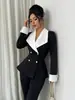 Blazer Europeo para Mujer de Bloques de Color Blanco y Negro, Solapa Grande Entallado a la Cintura, Traje Pequeño Slim-Fit, Fábrica de Origen de Comercio Exterior Transfronterizo