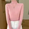 Suéter de punto sin costuras, liso, de estilo coreano, adelgazante, perfecto como capa interior, elegante y con estilo para mujer, corte ajustado, cuello semi-alto, adecuado para otoño e invierno