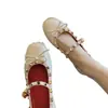 Zapatos Mary Jane de Cuero Suave con Lazo Tachonado para Mujer, Bailarinas Planas de Verano Estilo Francés Fruncidas de Punta Baja con una Sola Correa