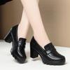 Sapatos de Salto Alto para Mulheres 2025 Novos Sapatos de Couro de Primavera e Outono Versátil Sapato Único Decotado Confortável Plataforma Impermeável de Sola Grossa Salto Bloco Sapatos Femininos