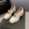Zapatos Mary Jane Casuales de Moda para Mujer, Estilo Retro de Verano, Estilo Nacional, Perla, Punta Cuadrada de Una Sola Tira, Jacquard, Tacón Grueso