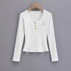 Camiseta Bordada de Botones Estilo Americano de Manga Larga para Mujer, Nueva Primavera/Otoño Ajustada Dulce y Picante Camisa Base Corta con Cuello Redondo