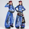 Conjunto de jazz para niñas, con un top azul cropped de cuello alto, un conjunto de disfraz de baile elegante y moderno, perfecto para actuaciones de jazz street dance