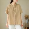 Verão design artístico solto emagrecimento algodão curto- camisa de manga comprida estilo nacional fivela casual plus size nicho top moda