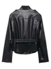 Otoño e Invierno Nuevo Chaqueta de Moda Negra de Poliuretano con Cuello Alto y Cinturón para Mujer + Pantalones de Campana de Imitación de Cuero de Cintura Alta Transfronterizos Europeos y Americanos