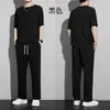 Conjunto esportivo de seda gelada masculino para o verão, camiseta fina de manga curta, conjunto de calças compridas casuais de secagem rápida