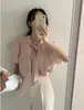 Estilo Francês Gentil Gola Volumosa Design Reversível Solta Emagrecedora Manga Bufante Chiffon Camisa Três Cores
