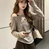 Camiseta Falsa de Duas Peças com Ombro Só e Manga Longa Outono Nova Chegada Camada Interna Top