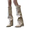 Botas largas de punta con tacón de cuña estilo Chanel para mujer, con hebilla de cinturón, por debajo de la rodilla, con aumento interno de altura, botas largas estilo ecuestre