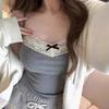 Camisola de punto con lazo y almohadilla para el pecho para mujer, blusa básica de encaje sin mangas, corta, ajustada y combinable