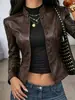 Design Europeu Simples Cruzado Senso de Design Jaqueta de Couro Feminina Slim Fit Cintura Marcada Temperamento Curta Outono Retrô Roupas de Outono para Garotas