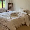 Juego de cuatro piezas de algodón y lino bordado estilo retro wabi-sabi, funda nórdica y fundas de almohada teñidas en hilo, amigable con la piel y apto para dormir desnudo, ropa de cama para todas las estaciones