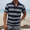 Camisa Polo Masculina de Manga Curta Listrada com Gola Lapela Moda Casual Camiseta Estampada Digital com Botão Pulôver Camisa Polo Masculina de Manga Curta