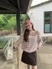 OMELET~2026 Principios de Otoño Nuevo Estilo Coreano Dulce Hombros Descubiertos Rayas Rosas Manga Larga Suelta Camiseta