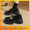 Mocassins de Couro Femininos para Uso Externo, Novidade Primavera/Verão 2026 Sapatos Jk Pretos Slip-On de Solado Grosso, Sapatos de Comuteiro Estilo Britânico