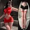 Vestido Camisola de Encaje Patchwork Estilo Puro Deseo para Mujer Ajustado Bodycon Falda Corta Sexy Malla Hueca Conjunto de Lencería