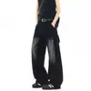 Calça Jeans Wide Leg Vintage Estilo Americano Lavada de Caimento Solto para Homem, Calça Comprida de Perna Reta Tendência Marca Levemente Flare