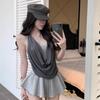 Chaleco de Punto Falso de Dos Piezas con Cuello Oscilante Forma de I con Tirantes para Mujer Verano Delgado Sin Mangas Ropa Exterior Sexy Chic Top de Color Contrastante