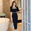 2026 Nuevo Estilo de Verano Vestido Negro Ajustado con Malla Transparente y Mangas Abullonadas, Adornado con Pedrería, Estilo Francés, Resistente 50106