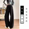 Calça larga azul marinho bordada plus size para mulheres, outono fina de cintura alta reta casual esportiva moletom moderna