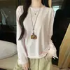Camiseta base K2615 com gola redonda e barra enrolada para mulheres, outono e inverno, corte solto, modeladora, estilo casual, com punhos abotoados