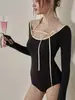 Traje de Baño Caliente Estilo Ins Chica Aspecto Adelgazante Manga Larga Conservador Simple de una Pieza Traje de Baño Pequeño Aroma Traje de Baño para Mujer