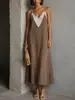 Vestido de Satén de Longitud Media A-Line con Bloques de Color, Escote en V Profundo, Doble Tirante Fino, Estilo Transfronterizo Europeo y Americano 2026