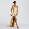 Vestido Verão 2025 Novo Estilo Europeu e Americano Ins Moda Alça Longa Saia Longa Transfronteiriço Costas Nuas Fenda Alta Vestido para Mulheres