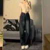 Jeans feminino de cintura alta com bolso grande, perna larga, modelagem solta, estilo americano high street, calça reta tipo mop, personalidade no design