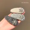 Grampo de Cabelo de Pelúcia Cinza com Floco de Neve Decorado com Strass, Novo para Outono e Inverno, Clipe Lateral, Clipe Bb, Acessório de Cabelo para Mulheres
