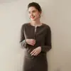 Cárdigan de punto de cachemira versátil para mujer, chaqueta suéter de color sólido con cuello redondo y suéter holgado adelgazante para mantener el calor