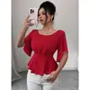 Nova camisa europeia e americana transfronteiriça, estilo elegante, cor sólida, com mangas sino, design moderno e sofisticado, e cintura marcada