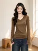 Outono e Inverno Novo Gola V Ombro Normal Quente Manga Longa Camiseta Feminina Emagrecedora Valorizadora Hot Girl Camada Interna Camada Externa Top Camada Base Camisa
