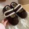 Sapatos Peludos Femininos Doces com Renda e Velcro para Outono e Inverno, Pantufas de Algodão da Moda Casual