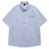 Camisa Rayada de Manga Corta con Bordado de Maíz Simple Retro Japonés para Hombre Verano 2025 Estilo Harajuku Casual Manga Media