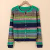 Cardigan de Tricô Colorido Estilo Europeu Transfronteiriço para Mulheres Primavera Novo Gola V Listrado Vazado Base Top Suéter de Manga Longa