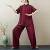 Verano 2024 Nuevo Estilo Chino Retro Holgado Delgado Casual Temperamento Zen Ropa de Té Ropa de Yoga Traje de Tai Chi para Mujeres