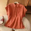 Camisa Artística de Lapela Pequena com Manga Curta para Mulheres, Estilo Novo de Verão 2026, Top Bordado Vintage, Blusa que Rejuvenesce com Mangas Fixas para Mulheres