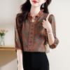 Camisa Feminina Estampada Retrô da Moda Verão Novo Estilo Elegante Solta Cobrindo a Barriga Manga Três Quartos Camisa Estilo Ocidental para Mães de Meia Idade