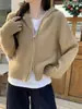 Outono Inverno 2026 Estilo Europeu 100% Lã Cardigã Feminino Espessado com Capuz e Zíper Estilo Preguiçoso Solto Casaco de Caxemira
