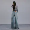Jeans feminino transfronteiriço 2026, perna larga solta, fluido, bordado, lavado, azul vintage, calça comprida, azul, comprimento estendido, Yichun